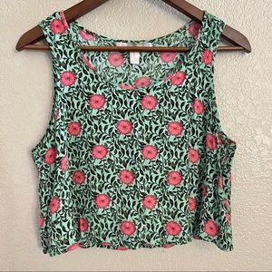F21 Green Pink Floral Print Cropped Tank Top, Size M